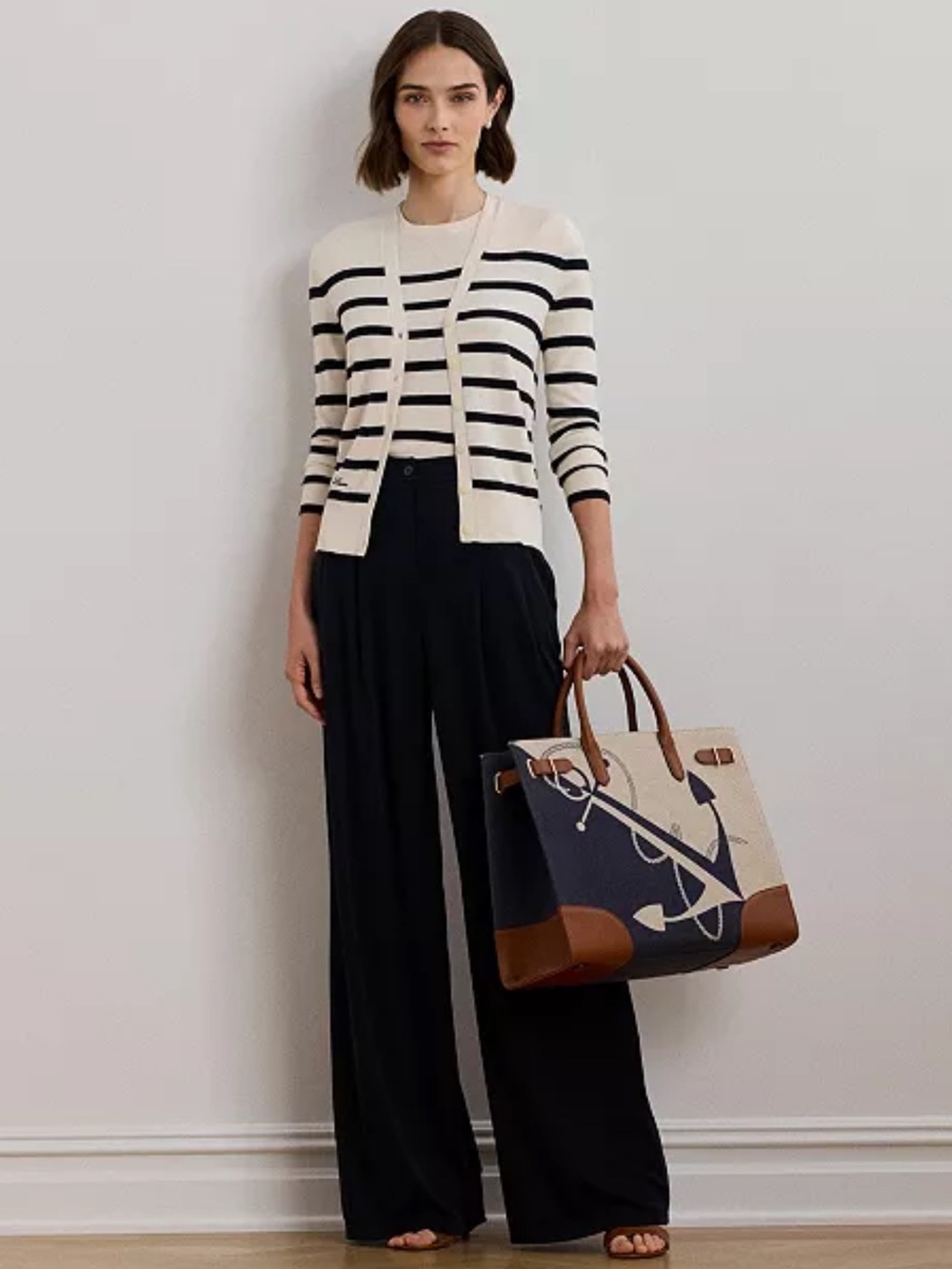 Lauren Ralph Lauren Pleated Jersey Wide Leg Pants Navy 14 NWT $145